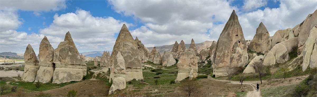 Fairy chimneys and valley slopes in low autumn light in Cappadocia in October